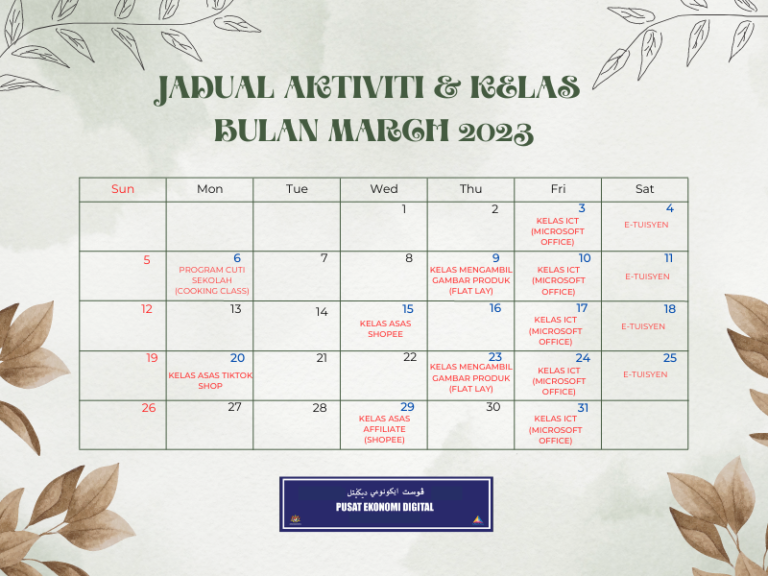 jadual aktiviti kelas march 2023
